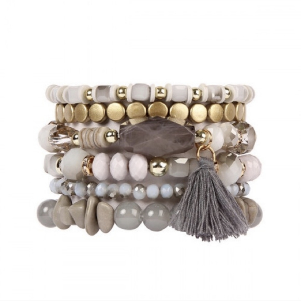 LAST TWO! Beautiful Boho Style Gray & Gold Neutral Toned Stacking Bracelets - Picture 3 of 4